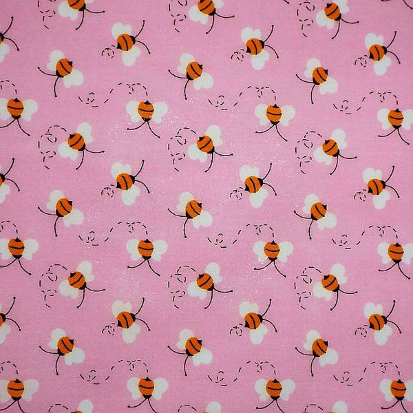 Cotton Blends Polycotton Prints Childrens And Animal Prints Bee Flying and Buzzing on Pink