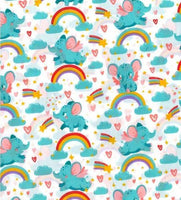 Cotton Blends Polycotton Prints Childrens And Animal Prints Baby Elephants, Rainbows and Shooting Stars on White TC0056