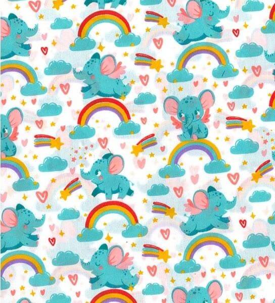 Cotton Blends Polycotton Prints Childrens And Animal Prints Baby Elephants, Rainbows and Shooting Stars on White TC0056