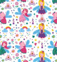Cotton Blends Polycotton Prints Childrens And Animal Prints Fairy, Princess, Castle, Hearts and Flowers on White TC0053