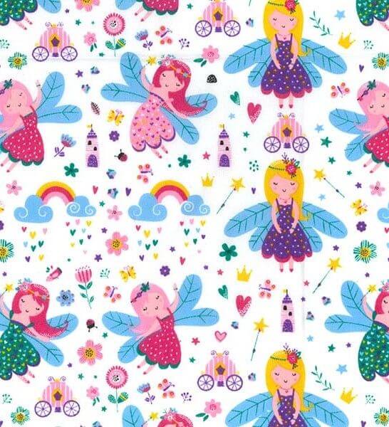 Cotton Blends Polycotton Prints Childrens And Animal Prints Fairy, Princess, Castle, Hearts and Flowers on White TC0053