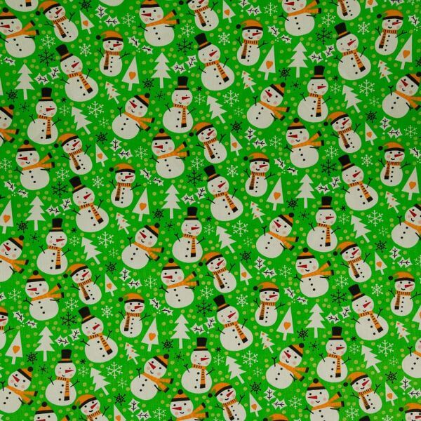 Cotton Blends Polycotton Prints Christmas Snowmen on Green