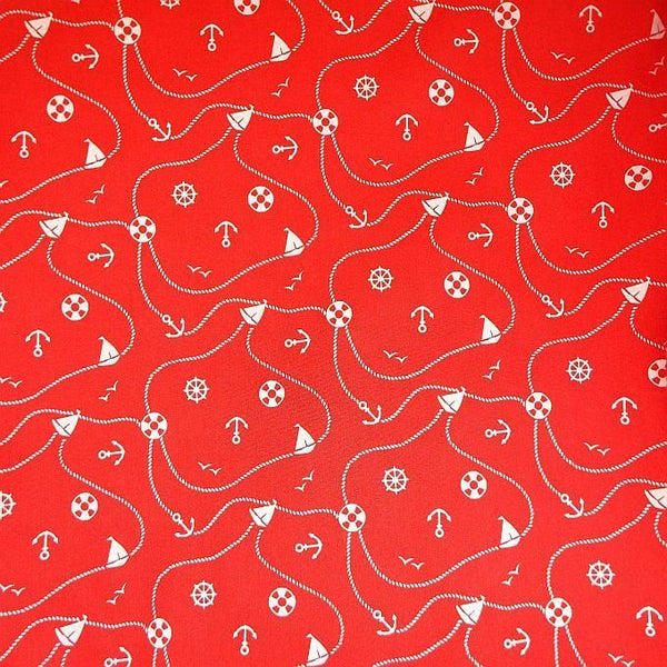 Cotton Blends Polycotton Prints Novelty And Misc. Prints Boats Sailing Lifebuoys Ropes Helms Anchors Red