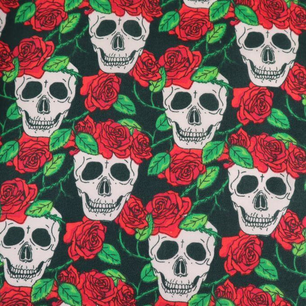 Cotton Blends Polycotton Prints Novelty And Misc. Prints Skull and Red Rose Black AR2990