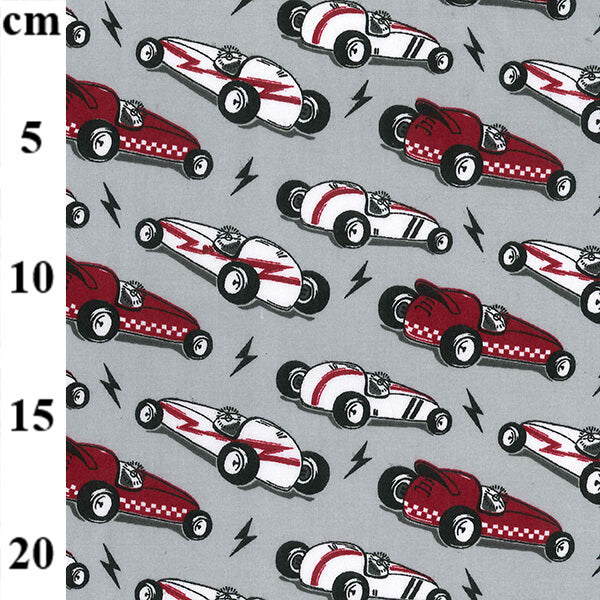 Cotton Blends Polycotton Prints Novelty And Misc. Prints Vintage Racing Cars Red and White on Grey TC7767