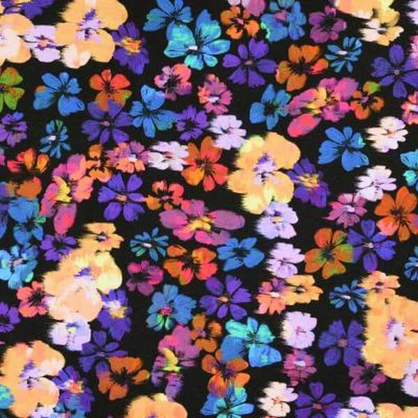 Jersey And Stretch Cotton Jersey Blue, Orange, Purple Floral on Black 006