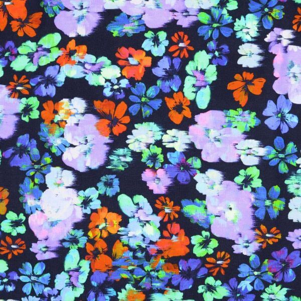Jersey And Stretch Cotton Jersey Green, Blue and Purple Floral on Navy 005