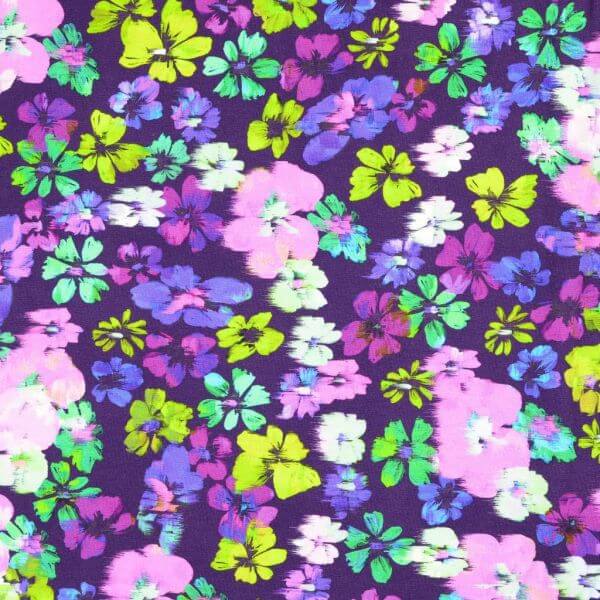 Jersey And Stretch Cotton Jersey Pink, Purple, Yellow Floral on Purple 003