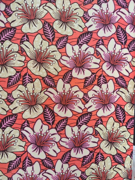 Pure Cotton African Wax Blooming Flower on Coral