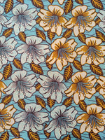 Pure Cotton African Wax Blooming Flower on Light Blue