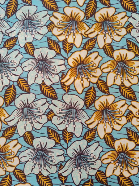 Pure Cotton African Wax Blooming Flower on Light Blue
