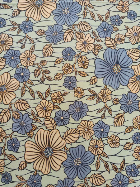 Pure Cotton African Wax Exotic Flowers of Blue and Cream