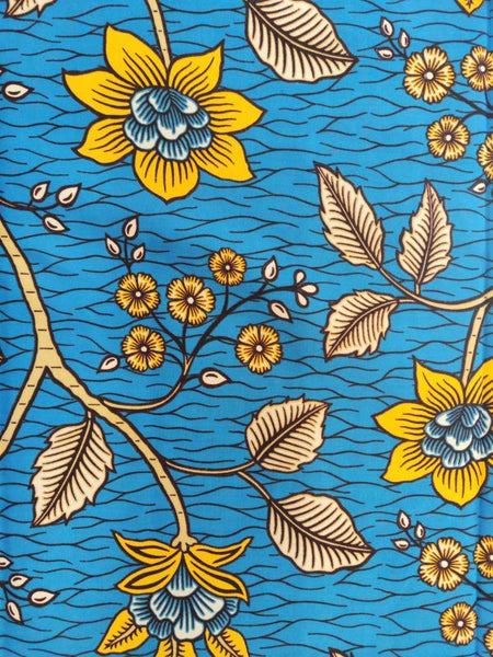 Pure Cotton African Wax Floral Stems on Blue