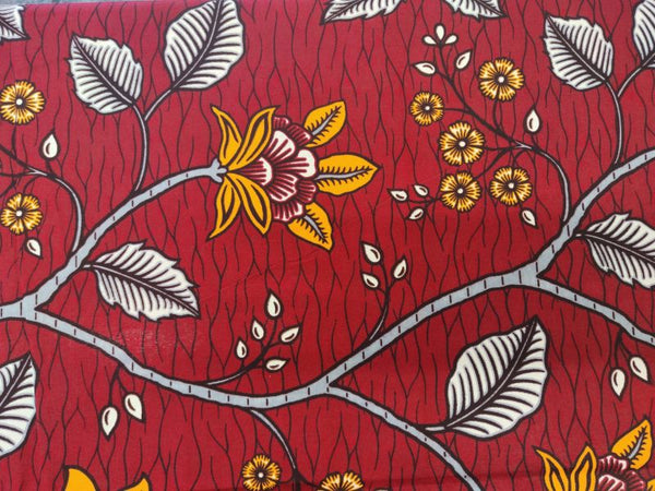 Pure Cotton African Wax Floral Stems on Red