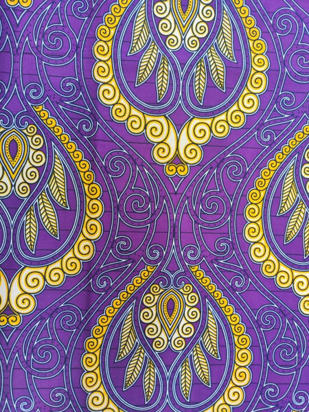 Pure Cotton African Wax Swirling Yellow Patterns and Leaves on Purple
