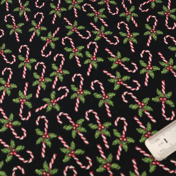 Pure Cotton Christmas Cotton Prints Candy Canes and Holly on Black B88