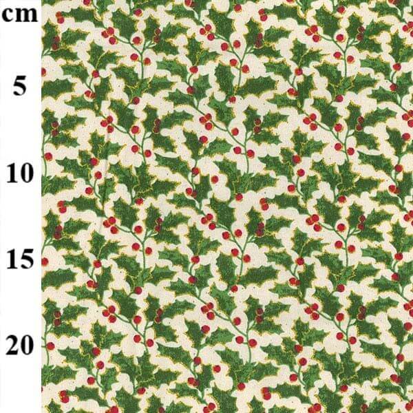 Pure Cotton Christmas Cotton Prints Gold Rimmed Holly Bunches with Red Berries JLX0188