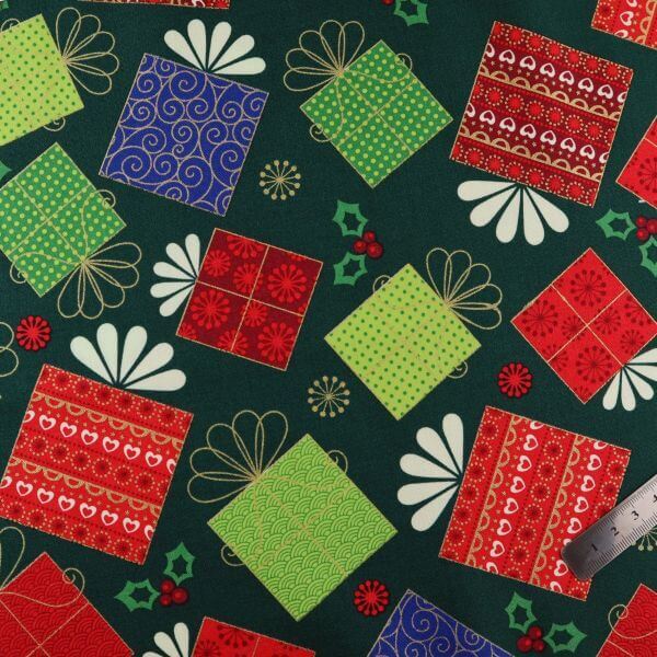 Pure Cotton Christmas Cotton Prints Tumbling Presents on Green 8022