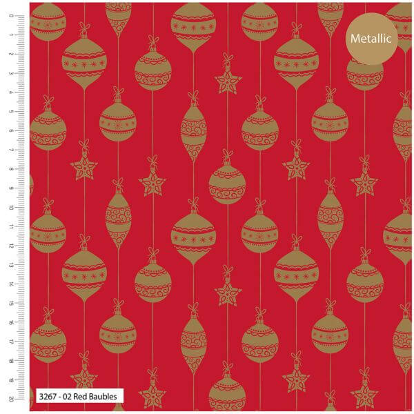 Pure Cotton Christmas Metallic Cotton Prints Baubles Gold on Red 3267-02