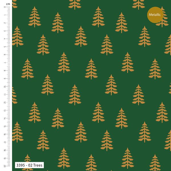 Pure Cotton Christmas Metallic Cotton Prints Christmas Trees Gold on Green 3395-02