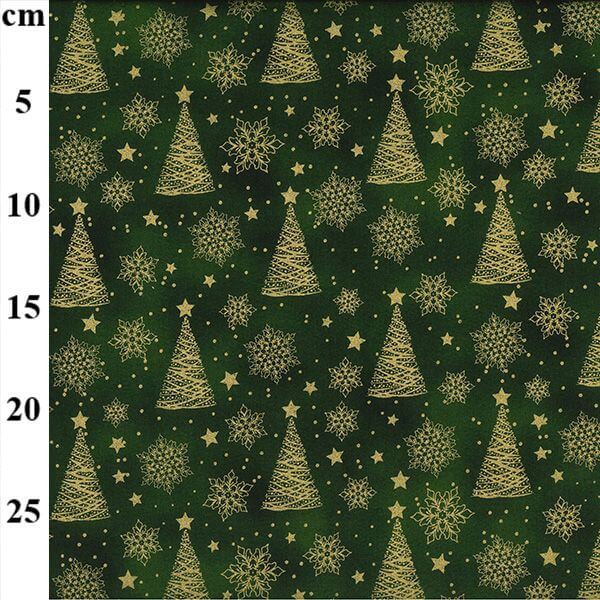 Pure Cotton Christmas Metallic Cotton Prints Gold Ornate Snowflakes, Stars and Christmas Trees on Green JLX0213