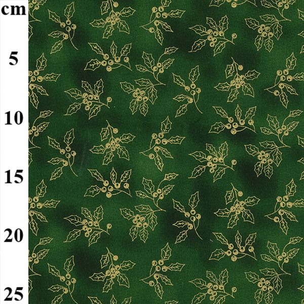 Pure Cotton Christmas Metallic Cotton Prints Holly Leaves Berries Gold on Green Christmas JLX0097