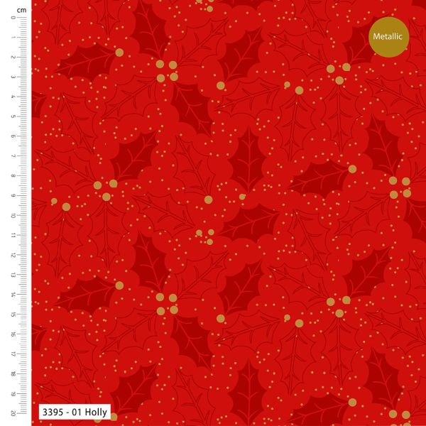Pure Cotton Christmas Metallic Cotton Prints Metallic Holly Red 3395-01