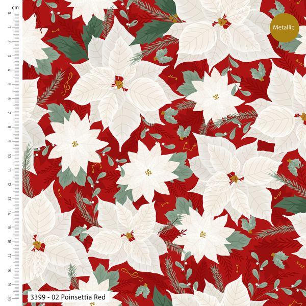 Pure Cotton Christmas Metallic Cotton Prints Poinsettia Jolly Whte on Red 3399-03