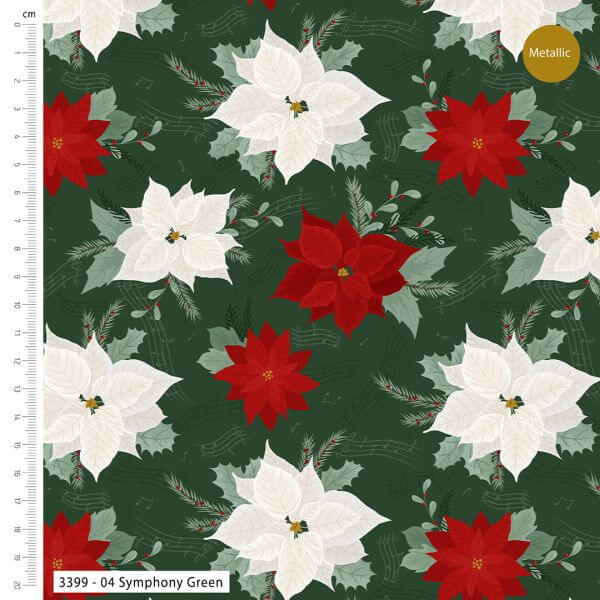 Pure Cotton Christmas Metallic Cotton Prints Poinsettia Symphony Red and White on Green 3399-04