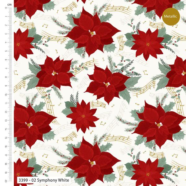 Pure Cotton Christmas Metallic Cotton Prints Poinsettia Symphony Red on White 3399-02