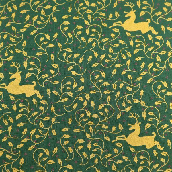 Pure Cotton Christmas Metallic Cotton Prints Reindeer Swirl on Green Design 337
