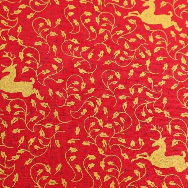 Pure Cotton Christmas Metallic Cotton Prints Reindeer Swirl on Red Design 337