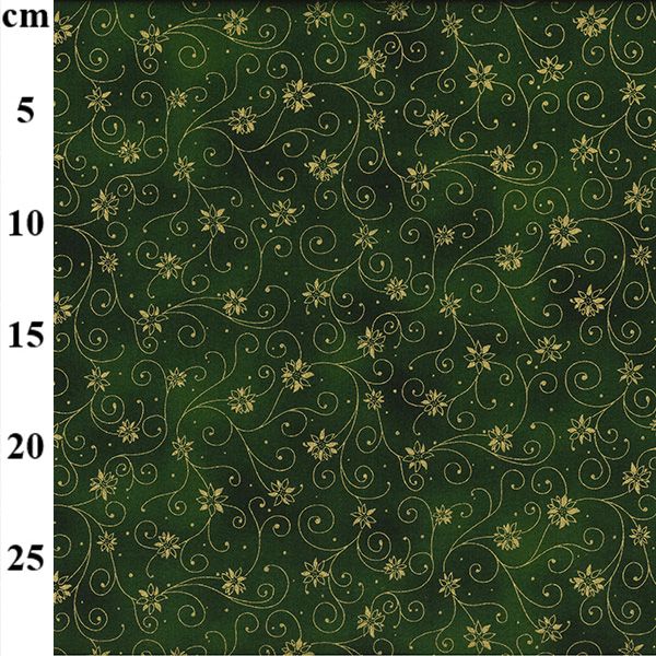 Pure Cotton Christmas Metallic Cotton Prints Swirling Gold Snowflakes on Green JLX 0212