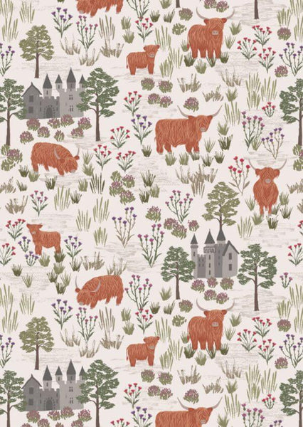 Pure Cotton Flannel Prints Castles and highland cattle on dark cream - F538A