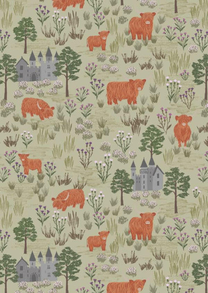 Pure Cotton Flannel Prints Castles and highland cattle on light sage - F538B