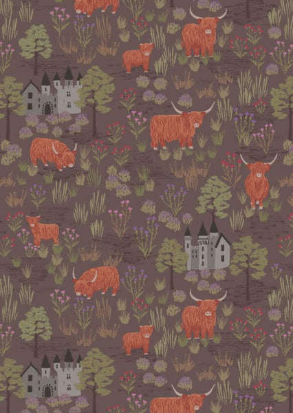 Pure Cotton Flannel Prints Castles and highland cattle on mocha - F538C