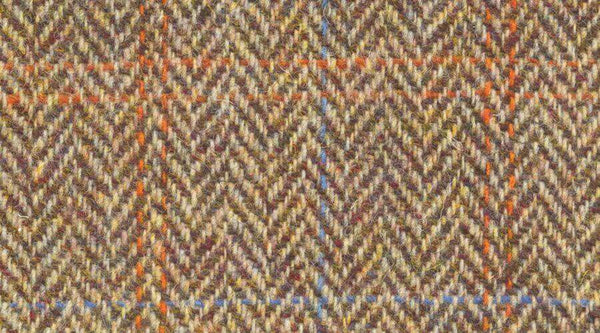 Wool And Tweed Harris Tweed 150 Herringbone Beige/Brown Herringbone with Orange Blue Overcheck HT-150-21