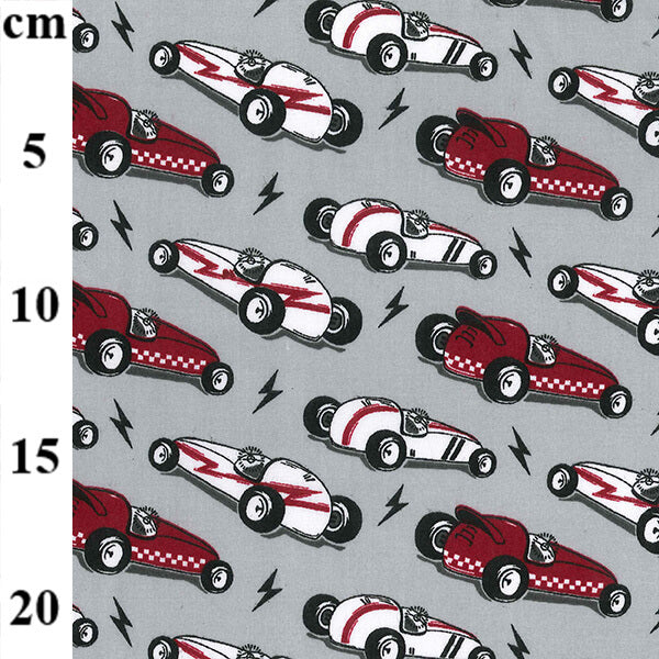 Cotton Blends Polycotton Prints Novelty and Misc. Prints Vintage Racing Cars Red and White on Grey TC7767