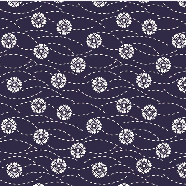 Pure Cotton Craft Kimono by Stuart Hillard Blue With White Flowers Wave 2356-05