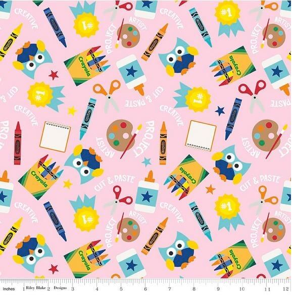 Pure Cotton Craft Riley Blake Designs - Crayola Art, Crayons and Owls on Pink C5400-Pink