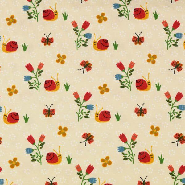 Jersey and Stretch Cotton Jersey Prints Cute snail and tulips on ivory