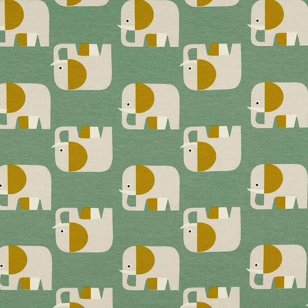 Jersey And Stretch Organic Cotton Jersey Children and Animal Prints Elephants on Pale Green