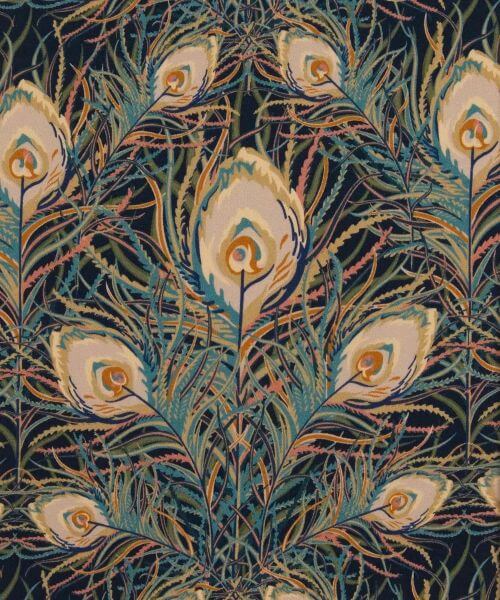 Liberty Fabrics Silk Crepe de Chine Light Feather with Mustard, Green and Blue hues - Juno
