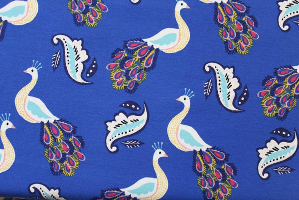 Jersey And Stretch Cotton Jersey Peacocks on Royal Blue