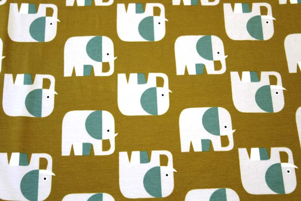 Jersey And Stretch Organic Cotton Jersey Children and Animal Prints Elephants on Mustard