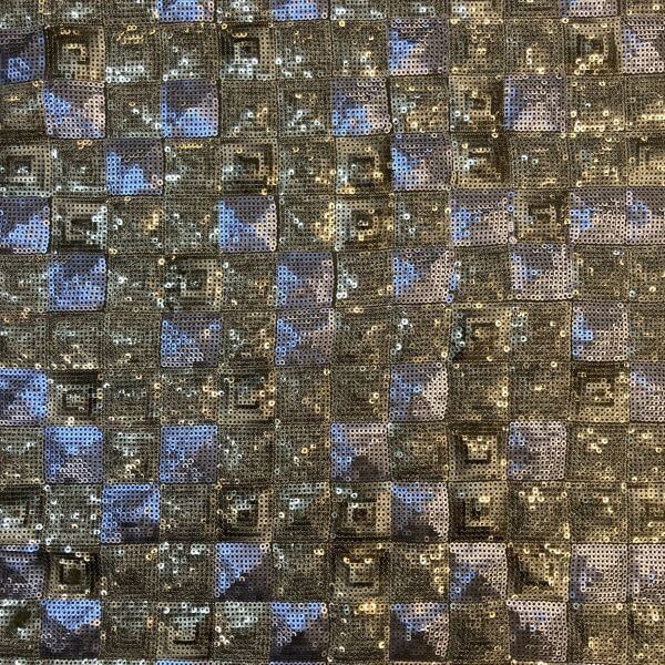 Occasion Fabrics Sequinned Mesh with geometric navy and black sequinned squares