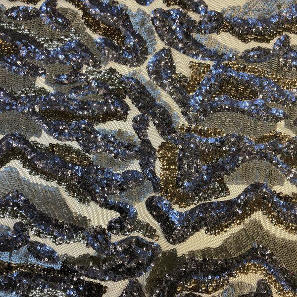 Occasion Fabrics Sequinned Waves of black, blue, gold sequins mesh