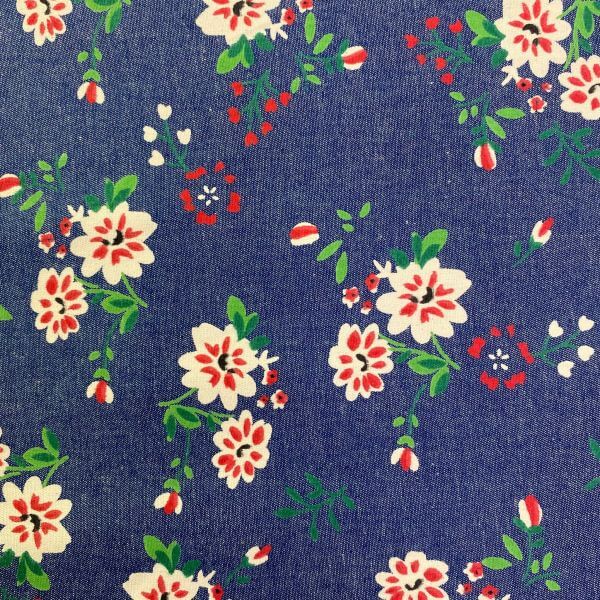 Pure Cotton Chambray Bright Floral Navy