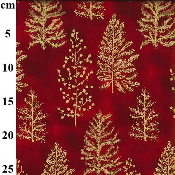 Pure Cotton Christmas Cotton Prints Gold Leafy trees on Red JLX 0216