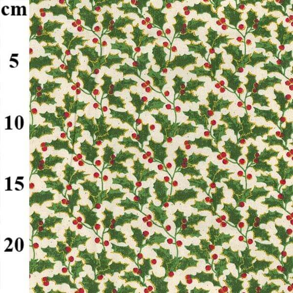 Pure Cotton Christmas Cotton Prints Gold rimmed Holly bunches with Red berries